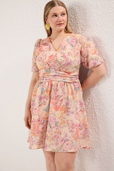 Trendyol Curve Floral V-Neck Balloon Sleeve Woven Plus Size Dress
