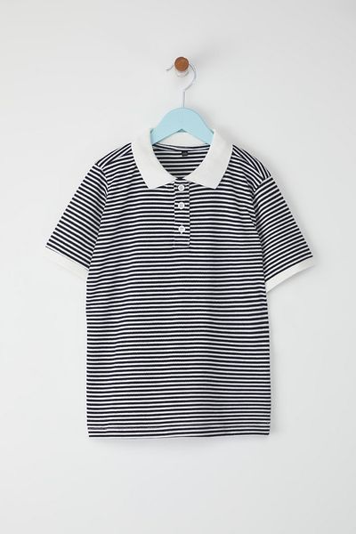 TRENDYOLKIDS Black Male Child Striped Polo Neck Short Sleeve Textured Knitted T-Shirt Tkdss25Ts00076