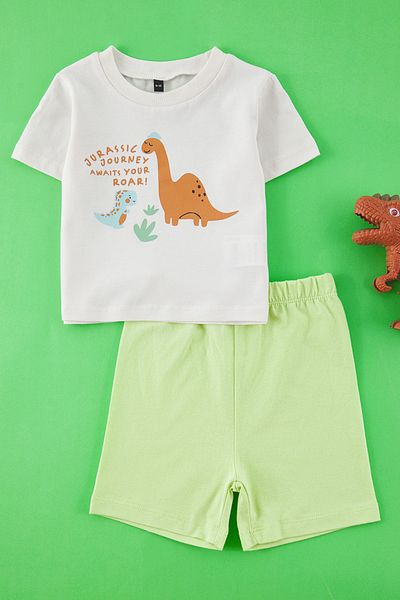 TRENDYOLKIDS Stone Baby Boy 100 % Baumwolle Dinosaurier bedruckt Kurzarm gestrickt Bottom-Top Anzug TKDSS25AU00156