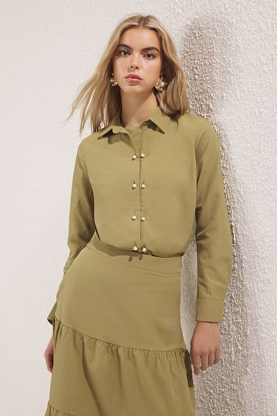 Trendyol Modest Khaki Button Detailed Cotton Shirt Skirt Woven Bottom-Top Suit Tctss25Us00019