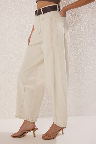 Trendyol Collection Ecru Brown Belted Stitching Detailed High Waist Barrel Baggy Jeans Twoss25Je00182