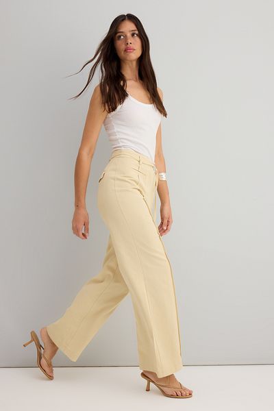 Trendyol Collection Beige Butter Light Yellow 100% Cotton Gabardine Belted Wide Leg/Wide Leg Pants Twoss25Pl00115