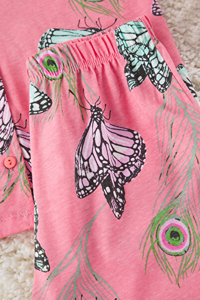 Trendyol Collection Σετ πιτζάμες με μοτίβο πεταλούδας ροζ βαμβακερό - πουκάμισο και παντελόνι THMSS20PT0063