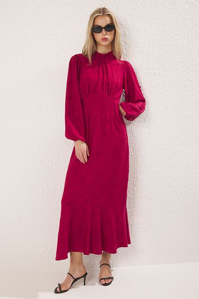 Trendyol Modest Burgundy Jacquard Floral Woven Dress Tctss24Eb00064