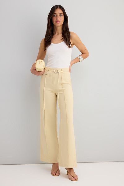 Trendyol Collection Beige Butter Light Yellow 100% Cotton Gabardine Belted Wide Leg/Wide Leg Pants Twoss25Pl00115