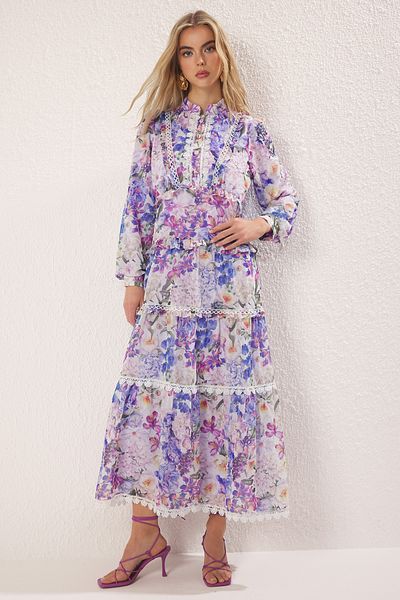Trendyol Modest Purple Floral Pattern Lined Chiffon Woven Dress Tctss25Eb00050