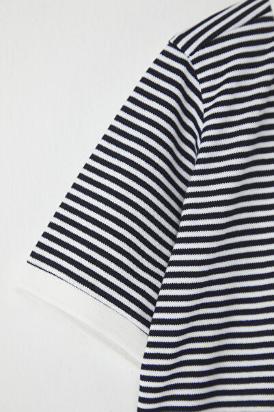 TRENDYOLKIDS Black Male Child Striped Polo Neck Short Sleeve Textured Knitted T-Shirt Tkdss25Ts00076