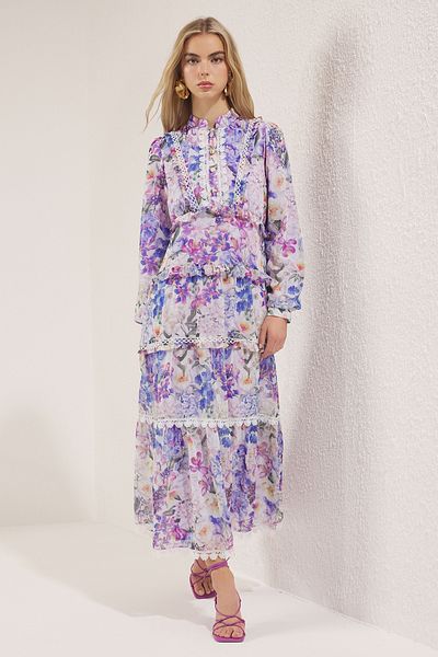 Trendyol Modest Purple Floral Pattern Lined Chiffon Woven Dress Tctss25Eb00050