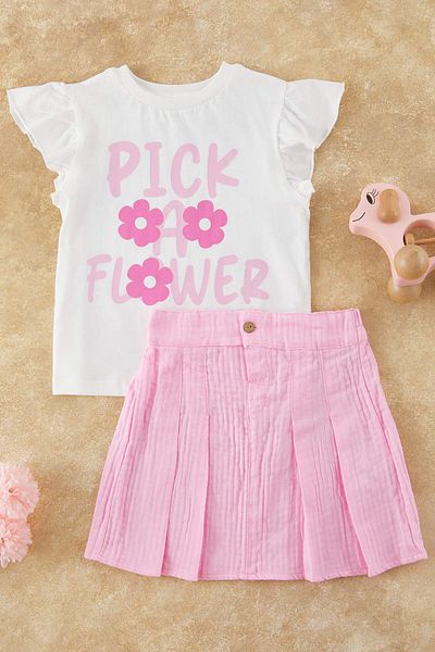TRENDYOLKIDS Ecru Mädchen-Set aus 100 % Baumwolle mit Blumenmuster, kurzärmlig, Rock, gestrickt, Oberteil und Unterteil, TKDSS25AU00083