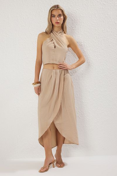 Trendyol Collection Beige Woven Blouse Skirted Summer Double Bottom-Top Suit Twoss25Au00110