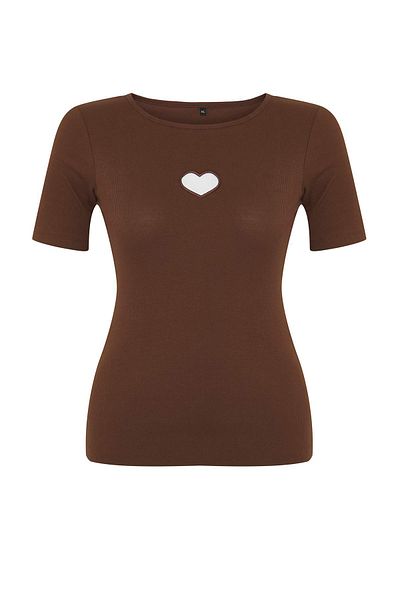 Trendyol Curve Brown Slim Fit Cut-Out Coming Patrol Cotton Head T-Shirt Large Size Tbbss24Bf00006