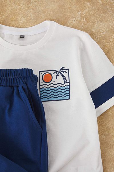 TRENDYOLKIDS Ecru Boys 100% bavlna s potištěným knoflíkem s krátkým rukávem, pletený spodní díl TKDSS25AU00081