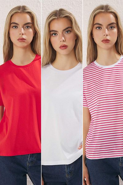 Trendyol Collection Red Striped-Red Plain-White Plain 3 Pack Regular Fit Knitted T-Shirt Twoss20Ts0146