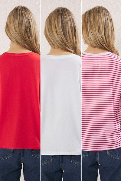 Trendyol Collection Red Striped-Red Plain-White Plain 3 Pack Regular Fit Knitted T-Shirt Twoss20Ts0146