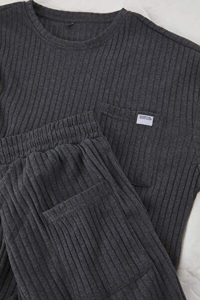 Trendyol Collection Anthracite Oversize Fit Ribbed Knitted Shorts Pajama Settmnss25Pt00030
