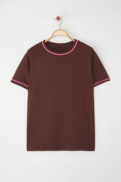 Trendyol Curve Brown Crew Neck T-Shirt, Detailed Basic and Large Size