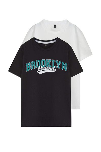 TRENDYOLKIDS Black-Ecru 2'Li Boy Slogan Patterned Knitted T-Shirt Tkdss25Ts00016