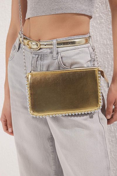TRENDYOL SHOES Gold Studded Cross Strap Women's Wallet Bag Twoaw25Oc00005