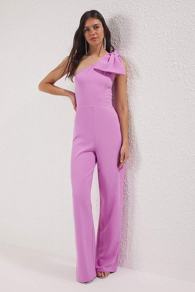 Trendyol Collection Rózsaszín sima aszimmetrikus nyakú ujjatlan masni szőtt Finike stílusos/éjszakai jumpsuit