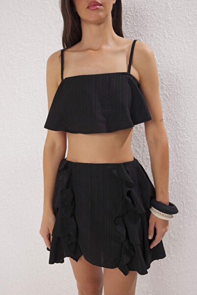 Trendyol Collection Black Woven Ruffle 100% Cotton Beach Blouse-Skirt Set Tbess25Au00106
