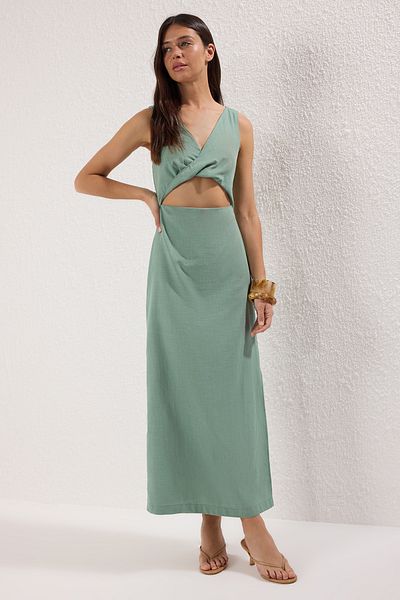 Trendyol Collection Green A-Line Waist Low-Cut Maxi Lined Woven Dress Twoss25El00131