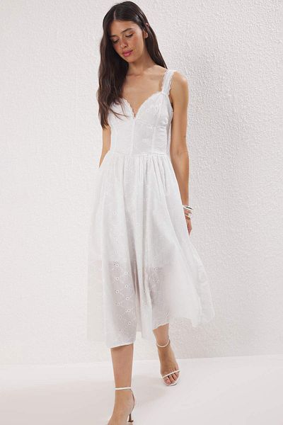 Trendyol Collection White Plain Midi Brode Woven Dress Twoss25El00852