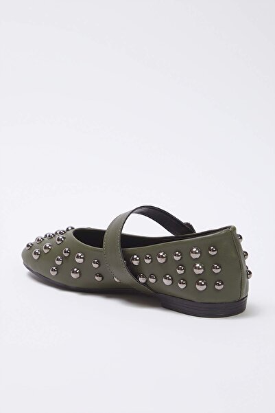 TRENDYOL SHOES Khaki Trok Embroidered Banded Almond Toe Mary Jane Women's Ballerina Flats Takss25Be00006