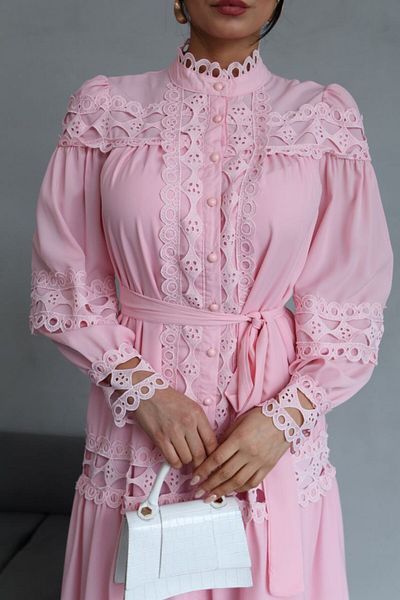WellWay Jennyfer Crepe Fabric & Lace Detailed Lined Buttoned Non-Showing Dress Pink (Belt Included)