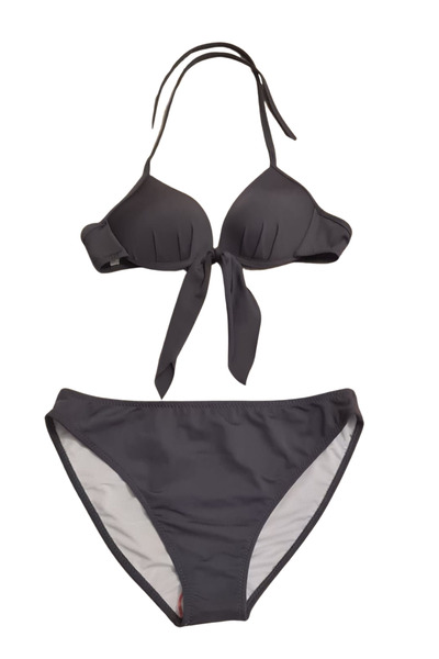 Butik Glowzia Gri Brazilian Fiyonk Detaylı Dolgulu Destekli Push-up Bikini Ta...