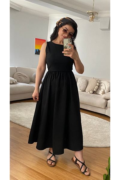 ronox Women's Black Crew Neck Top Elastane Fabric Bottom Flared Airpbin Fabric Zero Sleeve Dress