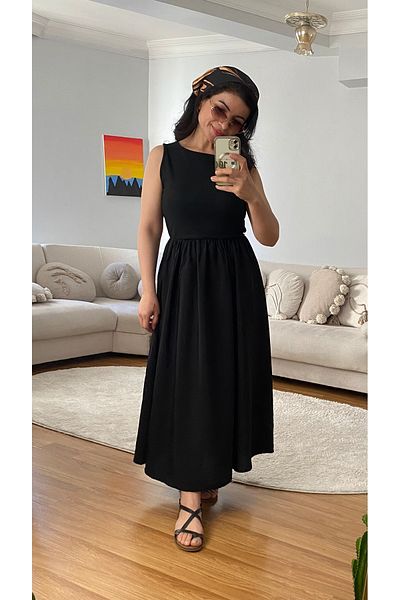 ronox Women's Black Crew Neck Top Elastane Fabric Bottom Flared Airpbin Fabric Zero Sleeve Dress