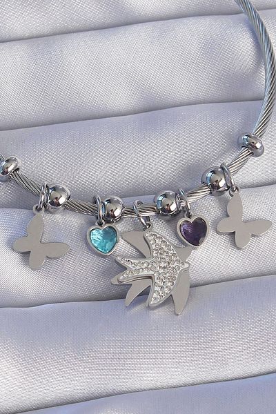 Store 316L Steel Silver Color Zircon Stone Bird Design Butterfly Detail Charm Bracelet