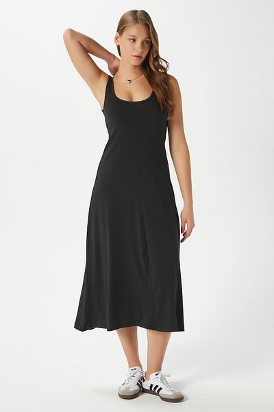 Ritnice Women's Nancy Sleeveless Black Midi Combed Cotton Dress 5376