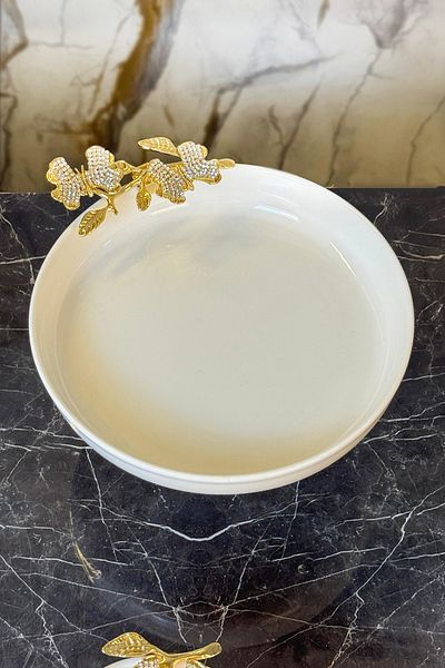 MAY HOME 2-Piece Diamond Butterfly Porcelain Salad Bowl with Metal Legs