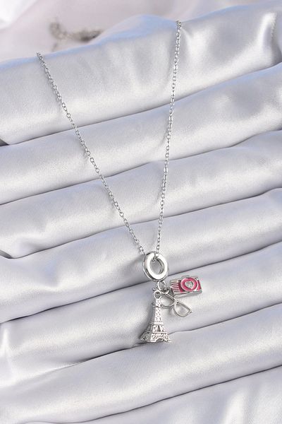 Clariss 316L Steel Silver Color Eiffel Tower Camera Model Charm Women's Necklace