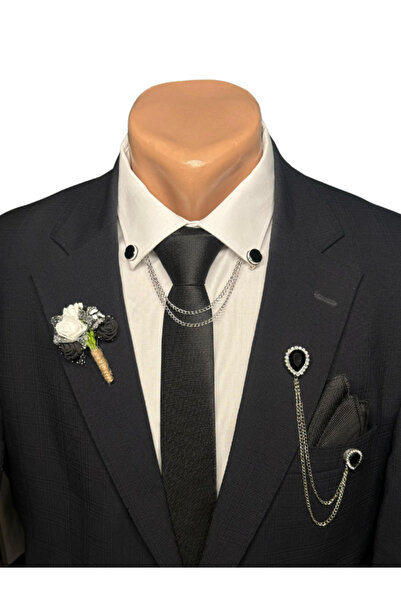 HARES Groom's Tie Set (Tie-Handkerchief, Jacket Collar Chain, Jacket Collar Flower, Shirt Collar Chain Clip)