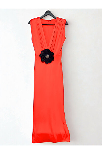 Kinzi Rochie lungă de vară căptușită pentru femei, cu umăr cu flori de rodie, cu decolteu în V adânc, cu detalii florale