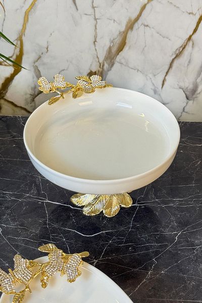 MAY HOME 2-Piece Diamond Butterfly Porcelain Salad Bowl with Metal Legs