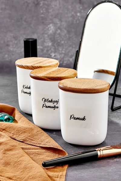 FBZhome Σετ μπάνιου 3 τεμαχίων Wood Cap Drop Acrylic Ear Cotton & Cotton & Makeup Cotton 400 Ml