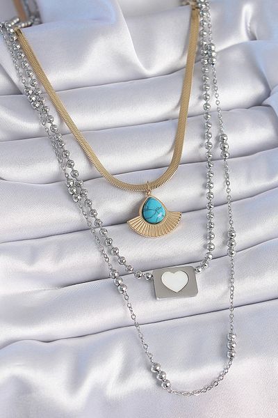 Clariss 316L Steel Mix Color 3-Piece Chain Drop Medallion Figure Long Women's Necklace