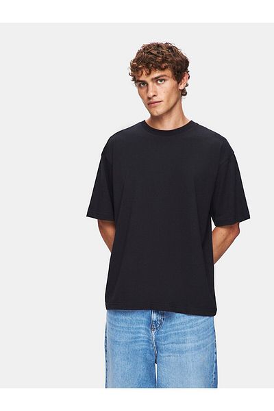 Ltb Short Sleeve Crew Neck Slogan Printed Loose Black T-Shirt