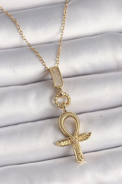 Clariss 316L Steel Gold Color Chain Zircon Stone Ankh Model Women's Necklace