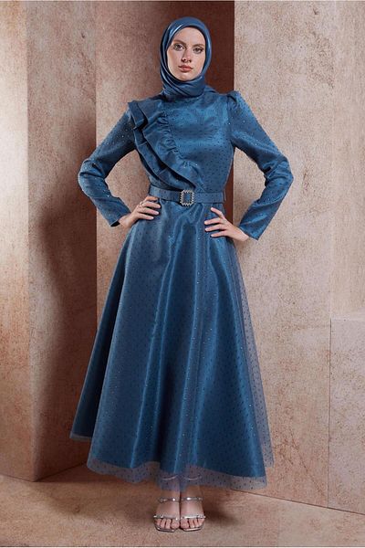 Alvina Belted Teseture Evening Dress 50271