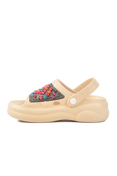 Aspor Beige Embroidered Lightweight Eva Women's Sabo Slippers E-800 Z