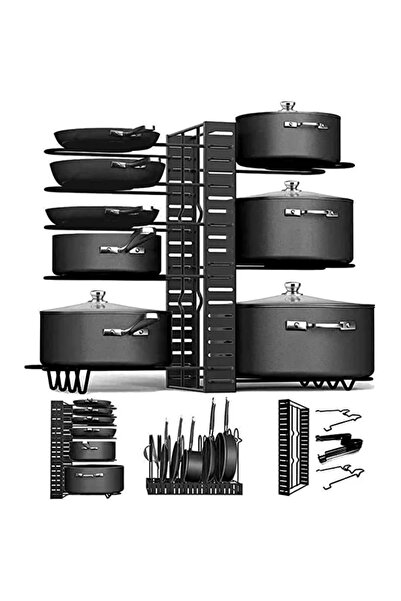 COOYA Pot And Dish Rack, With 8 Adjustable Tiers, Non-slip Silicone Pad Organizers For Kitchen, Black