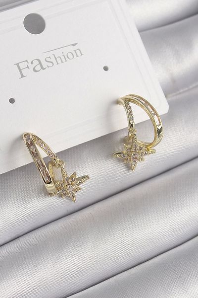 Clariss Brass Gold Color Zircon Stone Hoop Model Star Detail Women's Earrings