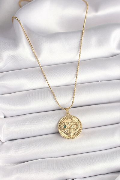 Clariss 316L Steel Gold Color Heel Chain Snake Embroidered Zircon Stone Detailed Medallion Model Women's Necklace