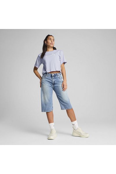 Puma Tricou albastru cu gât rotund pentru femei Essentials Cropped No 1 Logo