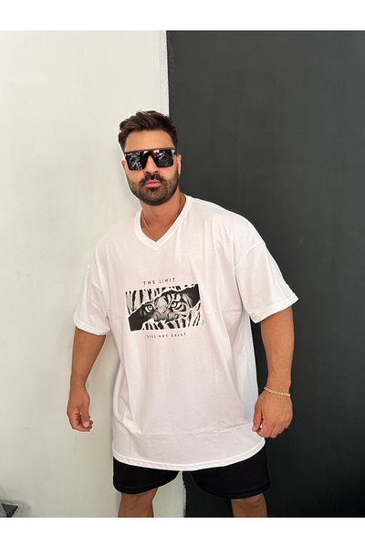 Bas Body FitnessWear Oversize Large Size V-Neck White Tiger Printed 100% Cotton T-Shirt