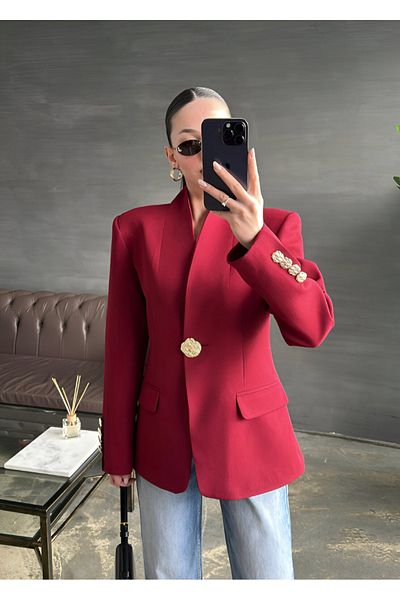 AlisaSu Jachetă blazer cu guler șal cu nasturi aurii burgundy